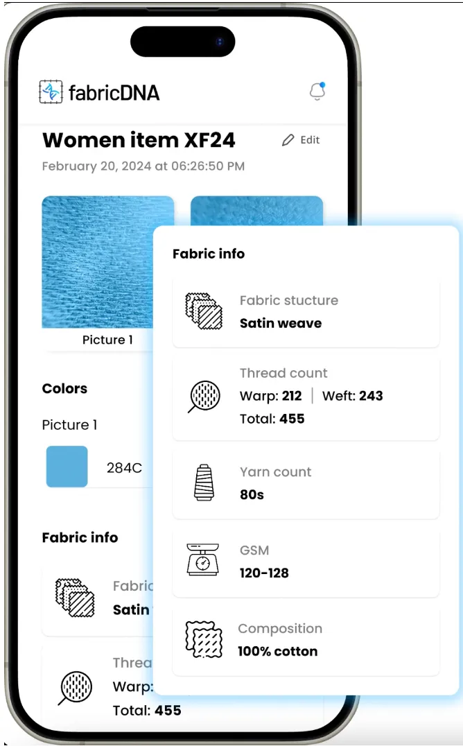 fabricDNA app fabric details screen